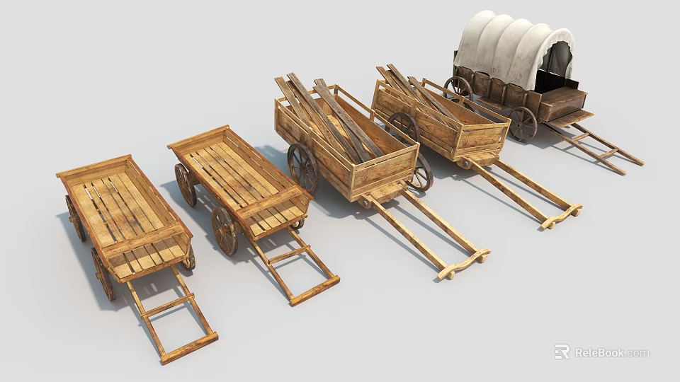 Traditional Wooden Carts Living Supplies In Various Styles With Canopy And Wooden Wheels 3d model 