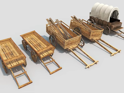 Traditional Wooden Carts Living Supplies In Various Styles With Canopy And Wooden Wheels 3d model