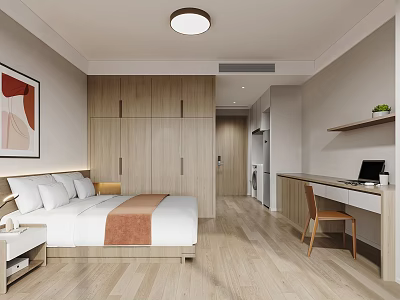 Modern Cozy Apartment Bedroom Interior With Bed Wardrobe Desk Chair Painting And Wooden Floor 3d model