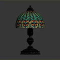 Vintage Table Lamp With Mosaic Glass Shade Green Blue Yellow Peacock Feather Metal Base