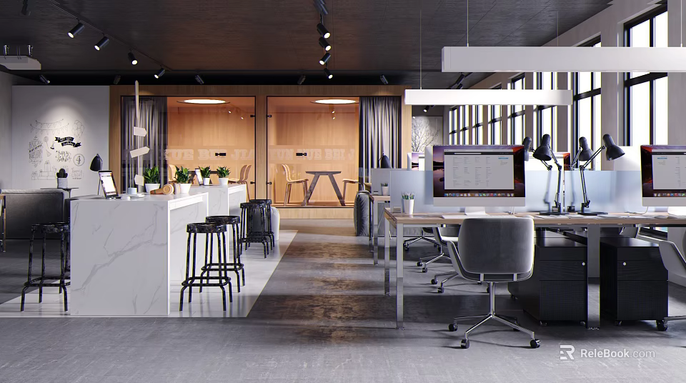 Modern Public Office Interior With Open Layout Desks Computers Chairs And Green Plants 3d model 