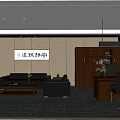 Modern Office Interior With Open Layout Sofa Desk Bookcase And Calligraphy Art 3d model
