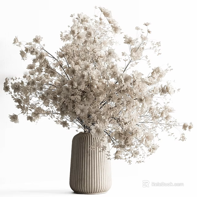 Decorative Ornament Set With Beige Ribbed Vase And White Dried Flowers In Minimalist Natural Style 3d model 