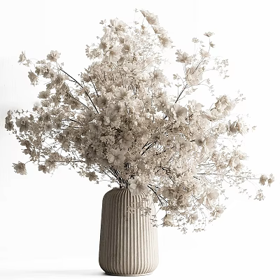 Decorative Ornament Set With Beige Ribbed Vase And White Dried Flowers In Minimalist Natural Style 3d model