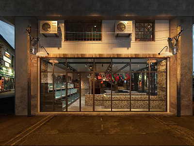 Modern Industrial Restaurant Facade With Glass Doors Exposed Concrete And Exterior Lighting 3d model