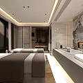 Modern SPA Sauna Interior With Treatment Tables Marble Accent Wall And Wooden Flooring