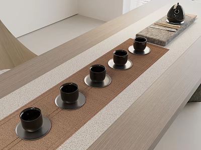Elegant Modern Tea Set Arrangement On Wooden Table With Woven Mat And Black Cups 3d model
