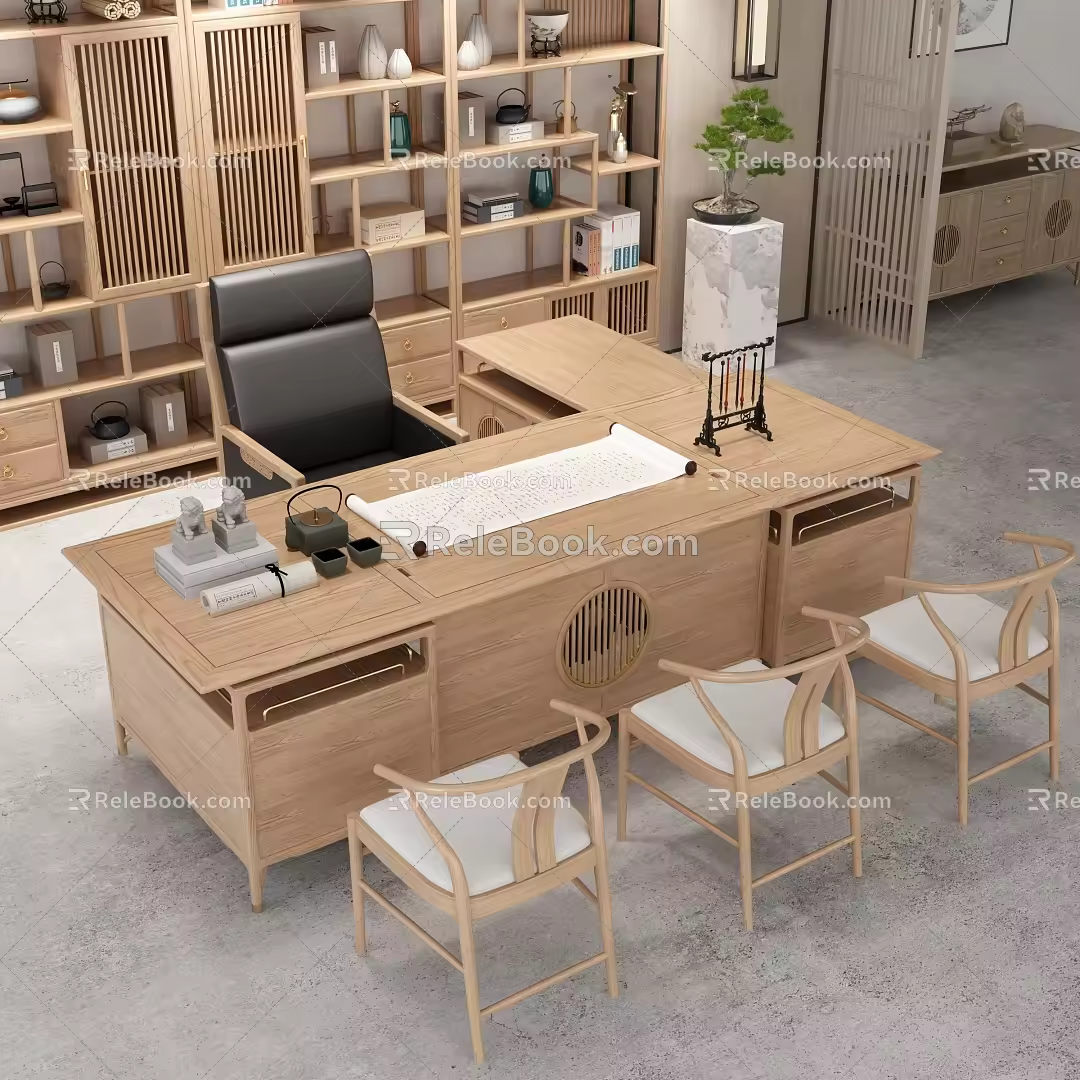 Modern study desk bookshelf combination 3d model