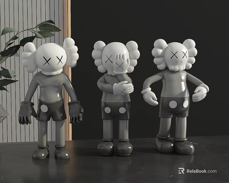 Cartoon Style Decorative Ornament Set With White Head Cross Eyes Gray Body And Different Poses 3d model 