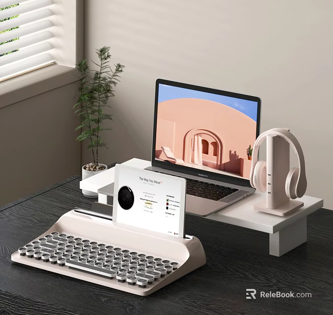 Modern Laptop Desk Setup With Stand Wireless Keyboard Headphones And Green Plant 3d model 