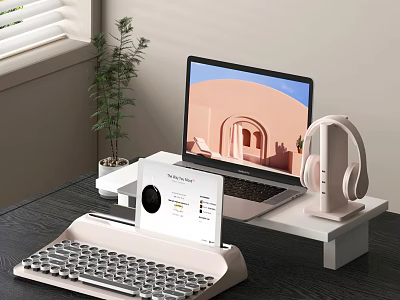 Modern Laptop Desk Setup With Stand Wireless Keyboard Headphones And Green Plant 3d model