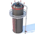 Industrial Storage Tank Equipment with Metal Platform Ladder Red Top Components and Connected Pipes