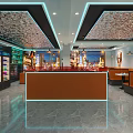 Modern Restaurant Interior With Orange Black Booths Dining Tables Marble Flooring And Decorative Ceiling