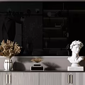 Modern Elegant TV Stand With Striped Design Golden Legs White Vase And Sculpture