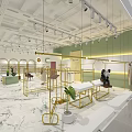 Modern Clothing Store With Gold Metal Racks Marble Floor Green Walls Mannequins And Plant Decorations