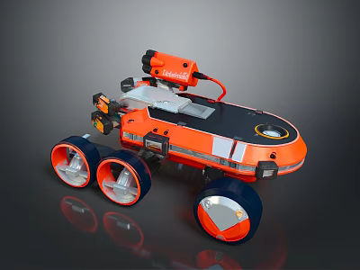 Orange Robotic Vehicle With Four Wheels Mechanical Arm And Sensor Equipment 3d model