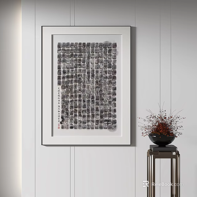 Abstract Wall Art With White Frame And Decorative Vase On Side Table 3d model 