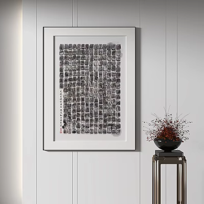 Abstract Wall Art With White Frame And Decorative Vase On Side Table 3d model