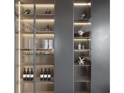 Elegant Modern Wine Cabinet With Glass Doors Built In Lighting And Decorative Shelves 3d model