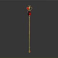 Ornate Golden Scepter with Red and Black Decorative Top and Red Gemstone Base