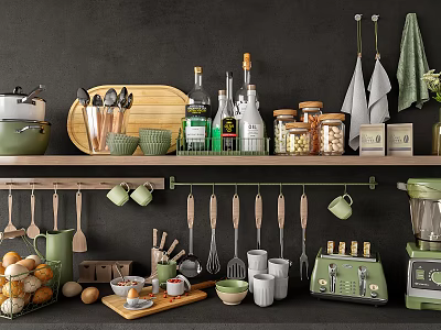 Stylish Green Kitchenware Display On Shelf With Utensils Storage Jars Pots And Appliances 3d model