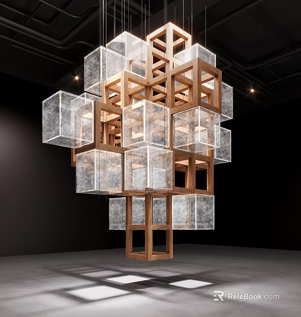Modern Sculptural Installation With Wooden Frame And Transparent Glass Cubes In Black Exhibition Space 3d model 