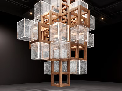 Modern Sculptural Installation With Wooden Frame And Transparent Glass Cubes In Black Exhibition Space 3d model