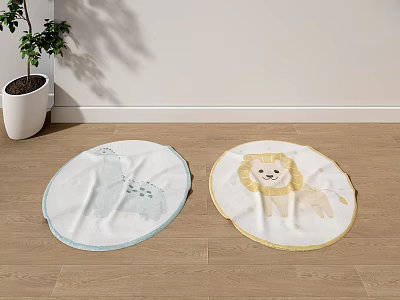 Round Carpets Featuring Dinosaur Lion Designs Blue Yellow Borders on Wooden Floor with Green Plant 3d model