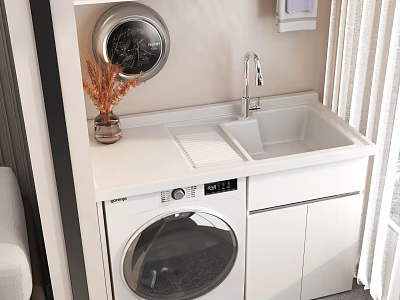 Modern Bathroom Cabinet With White Countertop Sink Faucet Washing Machine And Round Mirror 3d model