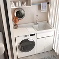 Modern Bathroom Cabinet With White Countertop Sink Faucet Washing Machine And Round Mirror