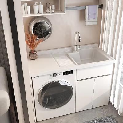 Modern Bathroom Cabinet With White Countertop Sink Faucet Washing Machine And Round Mirror 3d model