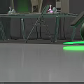 Vintage Electronic Equipment Setup With Multiple Monitors Control Console Reclining Chair And Green Glowing Pipe