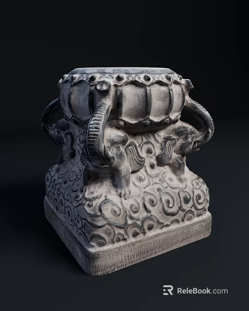 Intricate Stone Sculpture Featuring Elephant Carvings On Drum Shaped Base With Decorative Patterns 3d model 