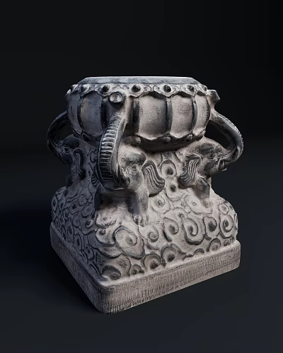Intricate Stone Sculpture Featuring Elephant Carvings On Drum Shaped Base With Decorative Patterns 3d model