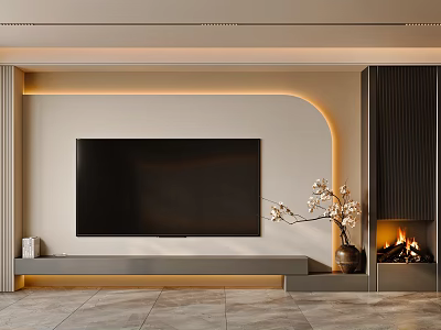 Modern Living Room Interior With Large TV Fireplace Decorative Vase Warm Lighting And Gray TV Stand 3d model