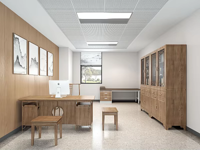 Bright Hospital Outpatient Clinic Interior With Wooden Walls Framed Paintings Desk Computer Cabinets And Window 3d model