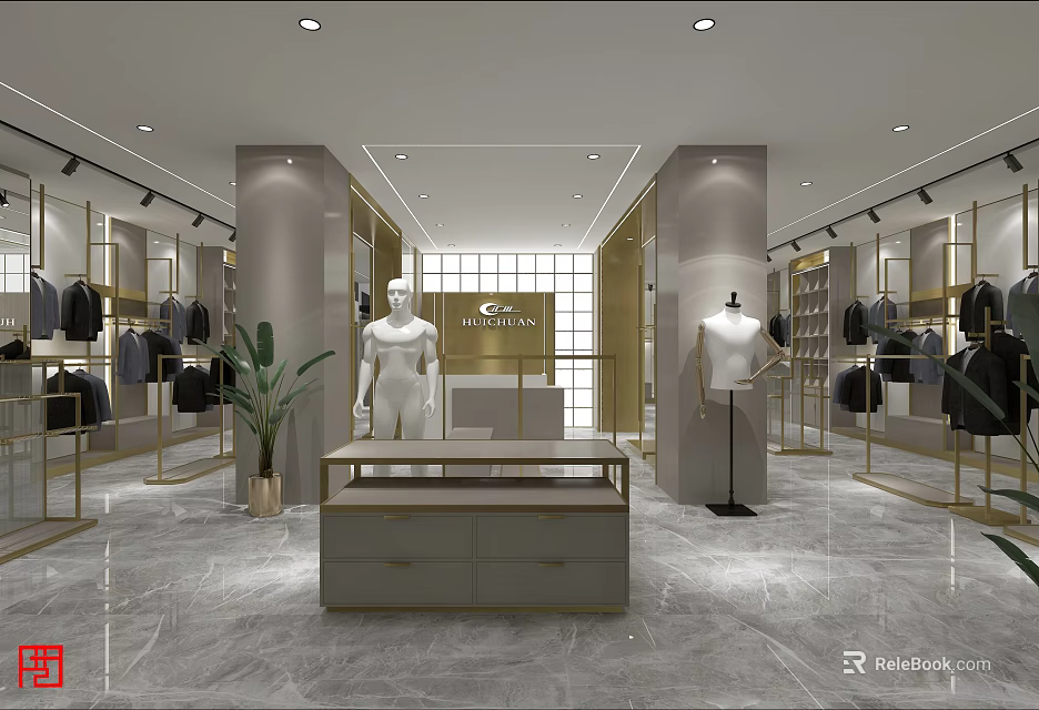 Elegant Clothing Store Interior With Mannequins Garment Racks And Display Counters 3d model 