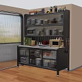 Gray Multi tiered Kitchen Storage Shelf With Glass Doors Microwave And Storage Boxes
