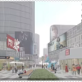 Modern Urban Commercial Street With Glass Facades Shops Billboards Pedestrians And Greenery