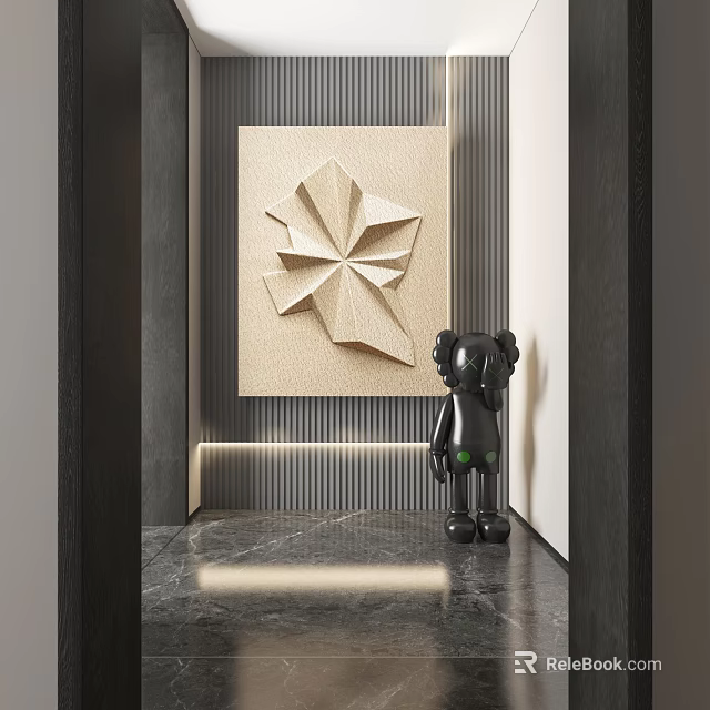Modern Interior With Origami Style Wall Art And Black Sculpture On Marble Floor 3d model 