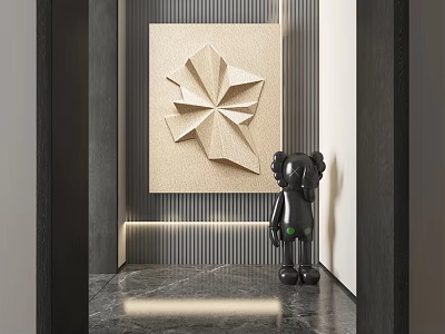 Modern Interior With Origami Style Wall Art And Black Sculpture On Marble Floor 3d model