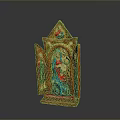 Detailed Colorful Carved Religious Sculpture With Madonna And Child Triptych Design