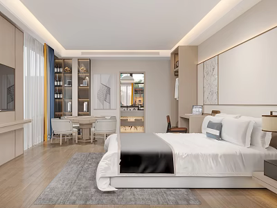 Modern Comfortable Hotel Guest Room Interior Design With King Bed Wooden Flooring And Area Rug 3d model