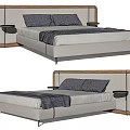 Modern Upholstered Double Bed With Wooden Frame Headboard Gray Pillows And Throw Blanket