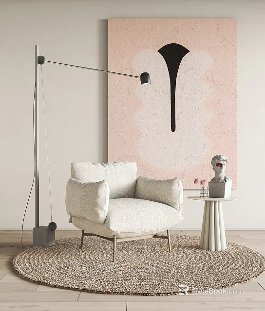 Modern Beige Upholstered Single Sofa With Floor Lamp Wall Art And Side Table 3d model