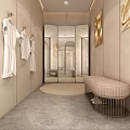 Elegant Modern Clothing Store Interior With Curved Sofa Decorative Paintings And Round Coffee Table
