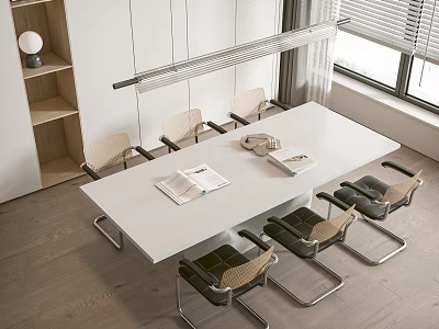 Modern White Dining Table Set with Stylish Chairs Open Books and Window with Blinds 3d model