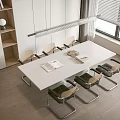 Modern White Dining Table Set with Stylish Chairs Open Books and Window with Blinds