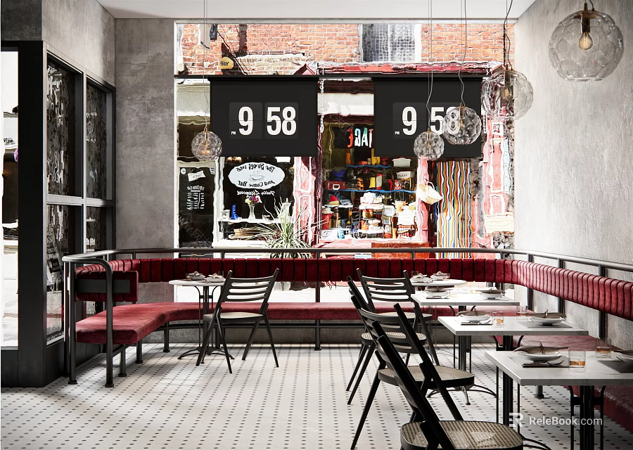 Industrial Restaurant Interior With Exposed Brick Wall Red Banquettes Hanging Lights And Wooden Tables 3d model 