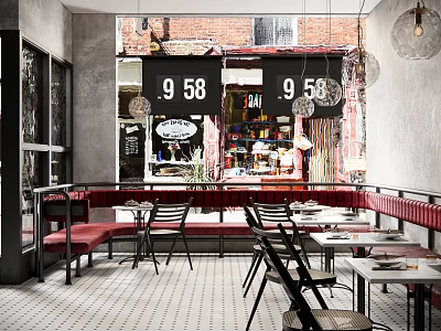 Industrial Restaurant Interior With Exposed Brick Wall Red Banquettes Hanging Lights And Wooden Tables 3d model